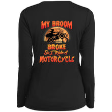Load image into Gallery viewer, "My Broom Broke So... " Ladies’ Long Sleeve V-Neck Tee